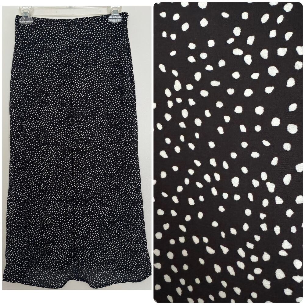 Abercrombie & Fitch Midi Skirt with Front Slit in Black/White Polka Dots